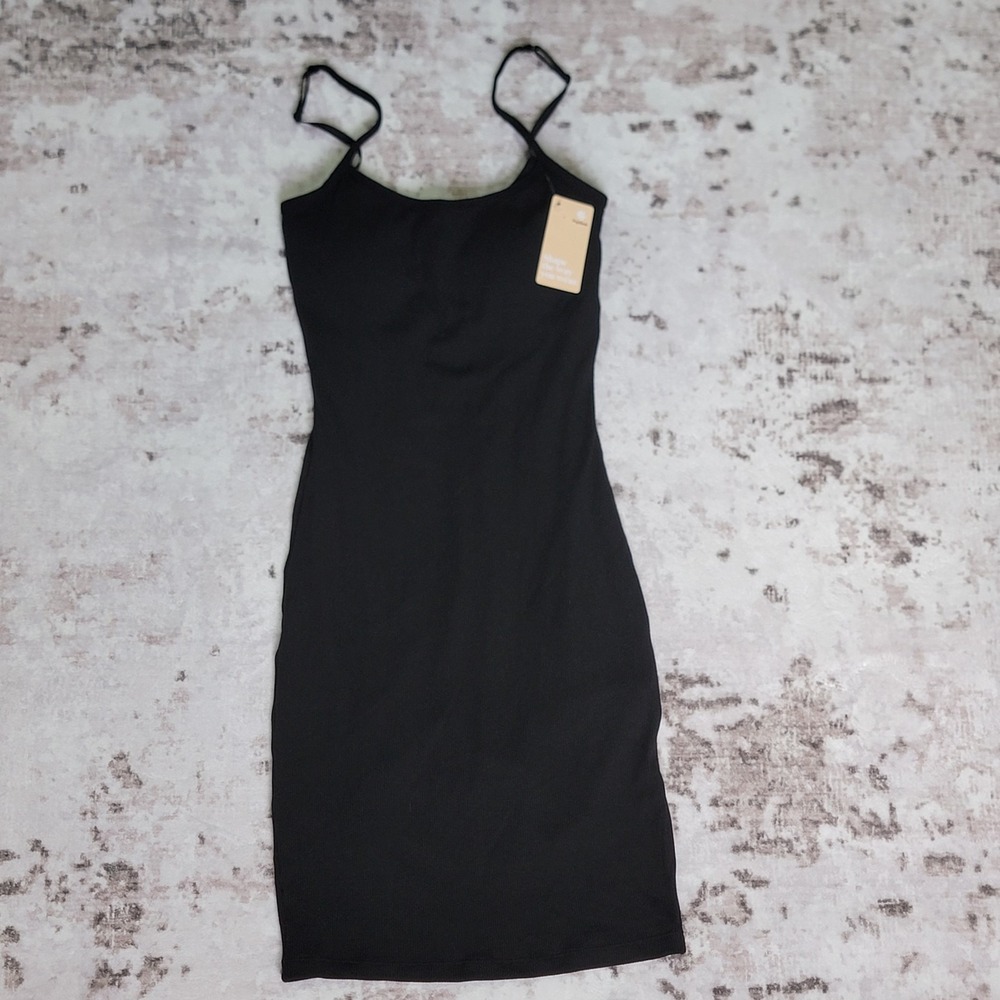 Popilush || Ribbed Midi Dress Modal Stretch Slimming Built in Shapewear Black S